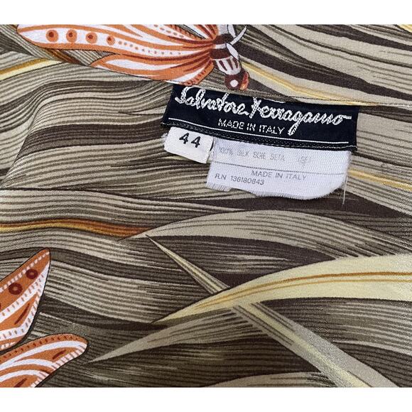 Salvatore Ferragamo Blouse Womens L 10 12 44 Silk Birds Butterfly Dragonfly - Picture 14 of 16